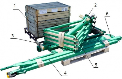1 - Электрическая лебедка для подъема опускания груза (в ящике); 2 - Колонна; 3 - Поворотная рама; 4 - Стрела (верхняя часть, нижняя часть); 5 - ноги с опорными домкратами; 6 - стяжки.